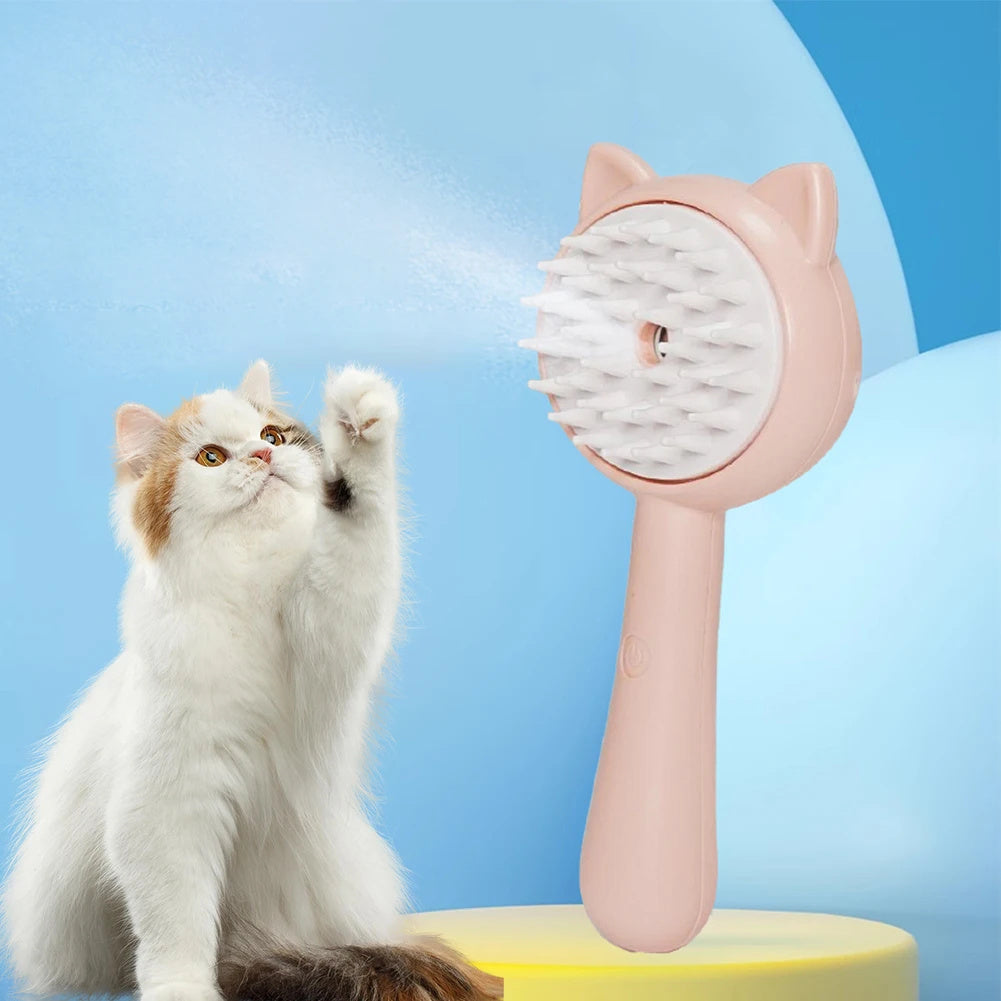 Multifunctional self-cleaning pet grooming brush with mist next to a playful cat.