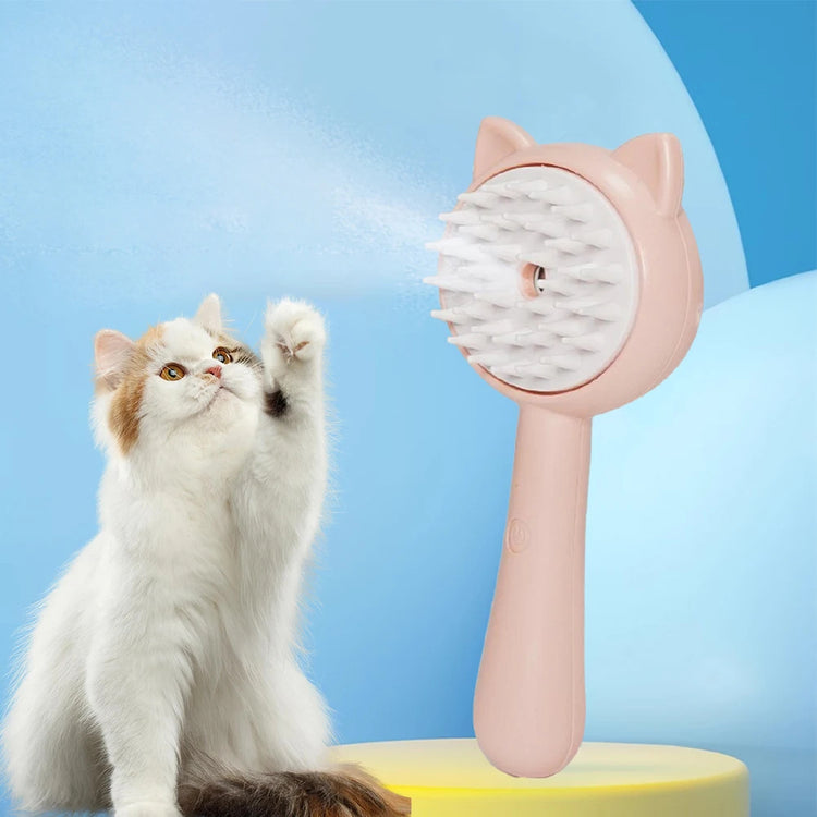 Multifunctional self-cleaning pet grooming brush with mist next to a playful cat.