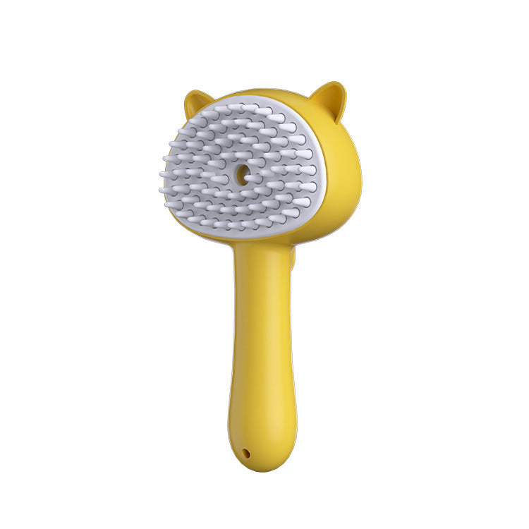 Yellow multifunctional pet grooming brush with mist, designed for easy cleaning and healthier pet coats.