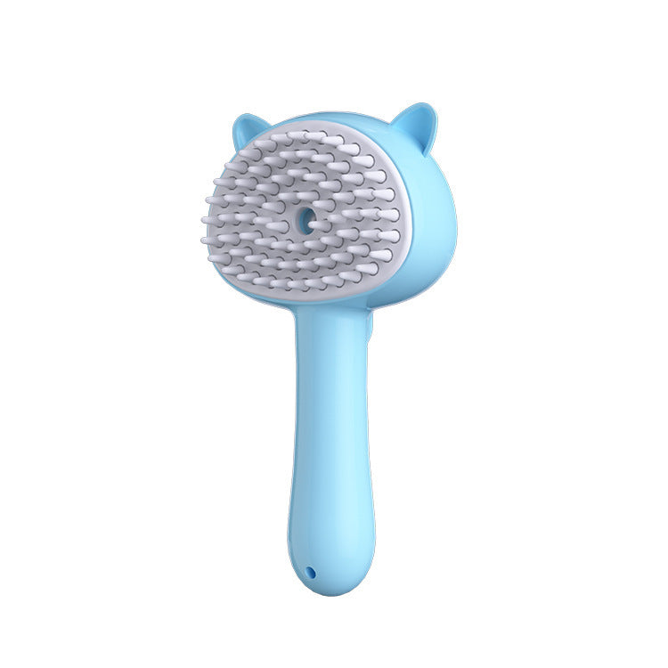 Hair cleaning brush with mist, multifunctional self-cleaning pet grooming tool in blue color.