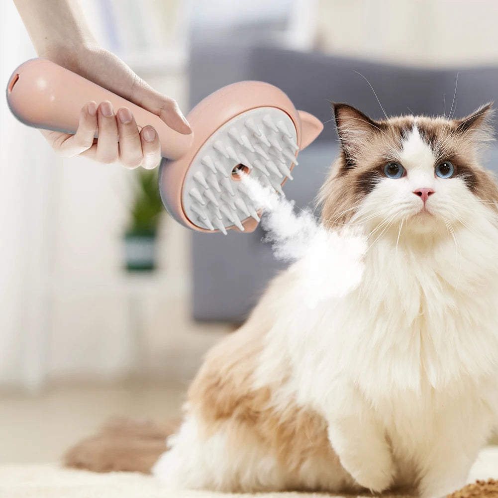 Self-cleaning pet grooming brush with mist being used on a cat for easy grooming and reduced shedding.
