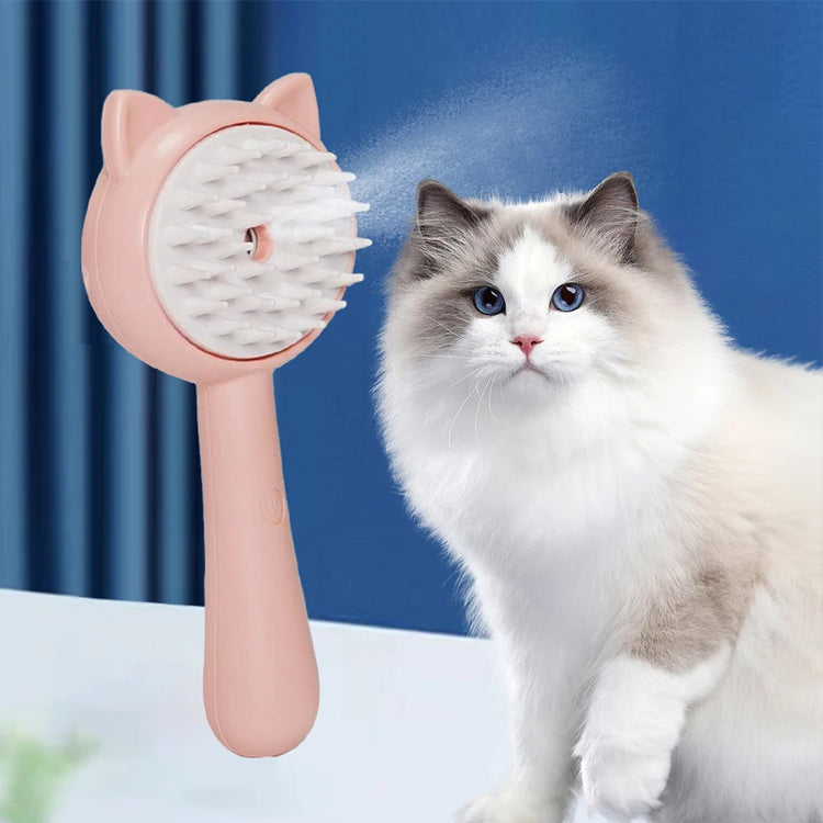 Hair Cleaning Brush with Mist next to a fluffy cat, perfect for multifunctional pet grooming and reducing shedding.