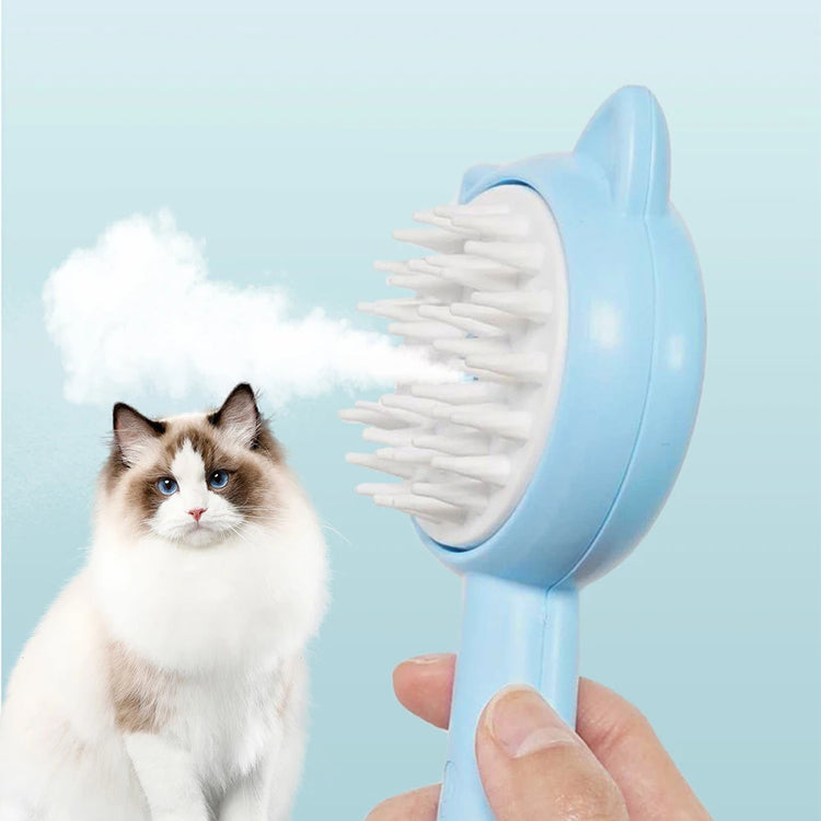 Self-cleaning pet grooming brush with mist feature, designed for cats and dogs. Reduces shedding and promotes a healthy coat.