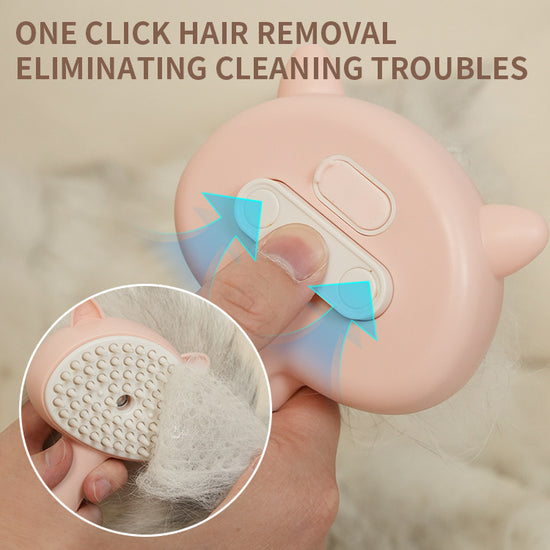 Close-up of a hand using a self-cleaning pet grooming brush for easy hair removal.