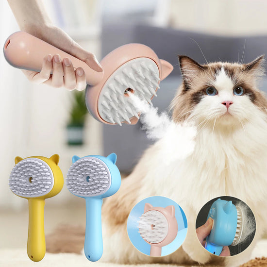 A multifunctional pet grooming brush spraying mist on a fluffy cat, showcasing self-cleaning slicker brushes in pastel colors.