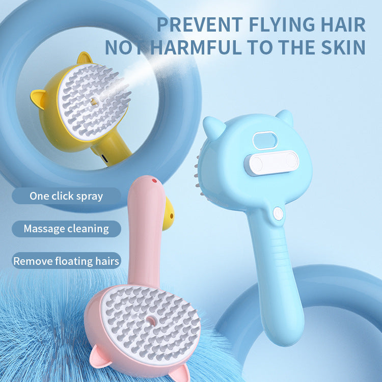 Multifunctional pet grooming brushes with spray feature for efficient hair removal and gentle cleaning.